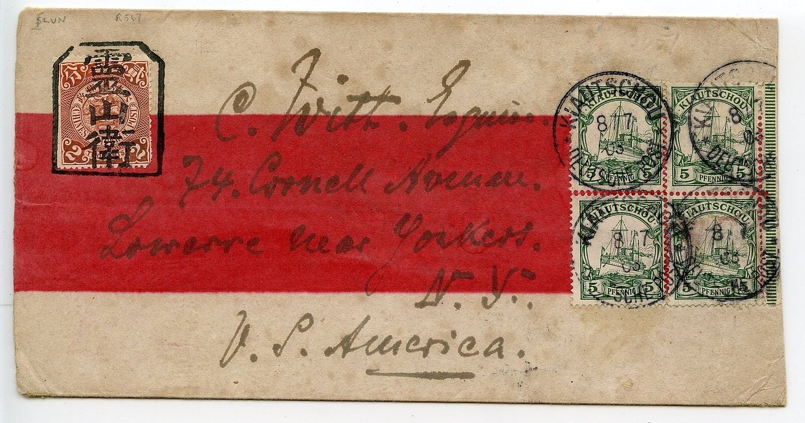CHINA Kiautschou 1903 red band cover with mixed franking Lingshanwei tombstone