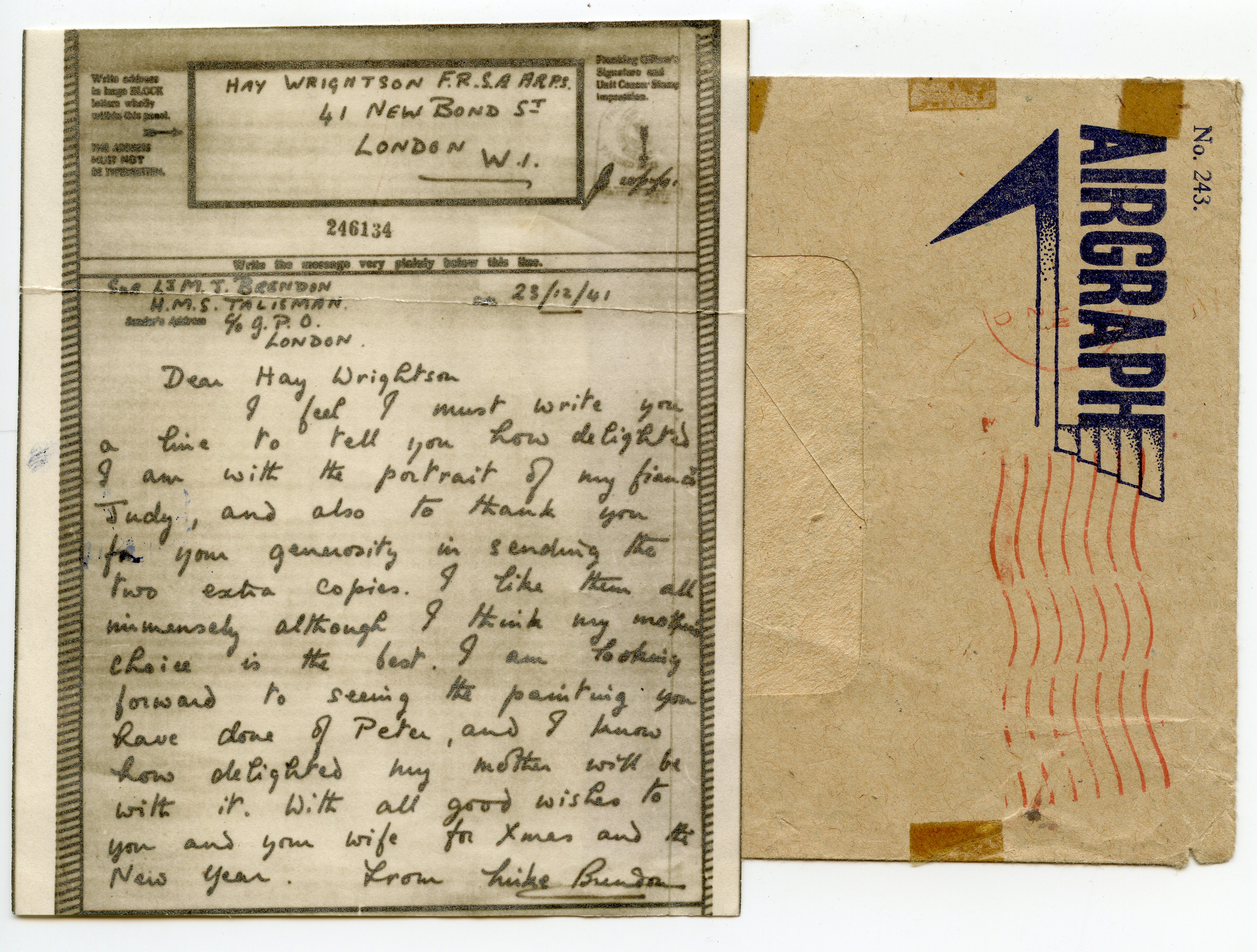 AIRGRAPH 1941.12.23 from H.M.S.Talisman (submarine) to Hay Wrightson FRSA (famous portraitist)