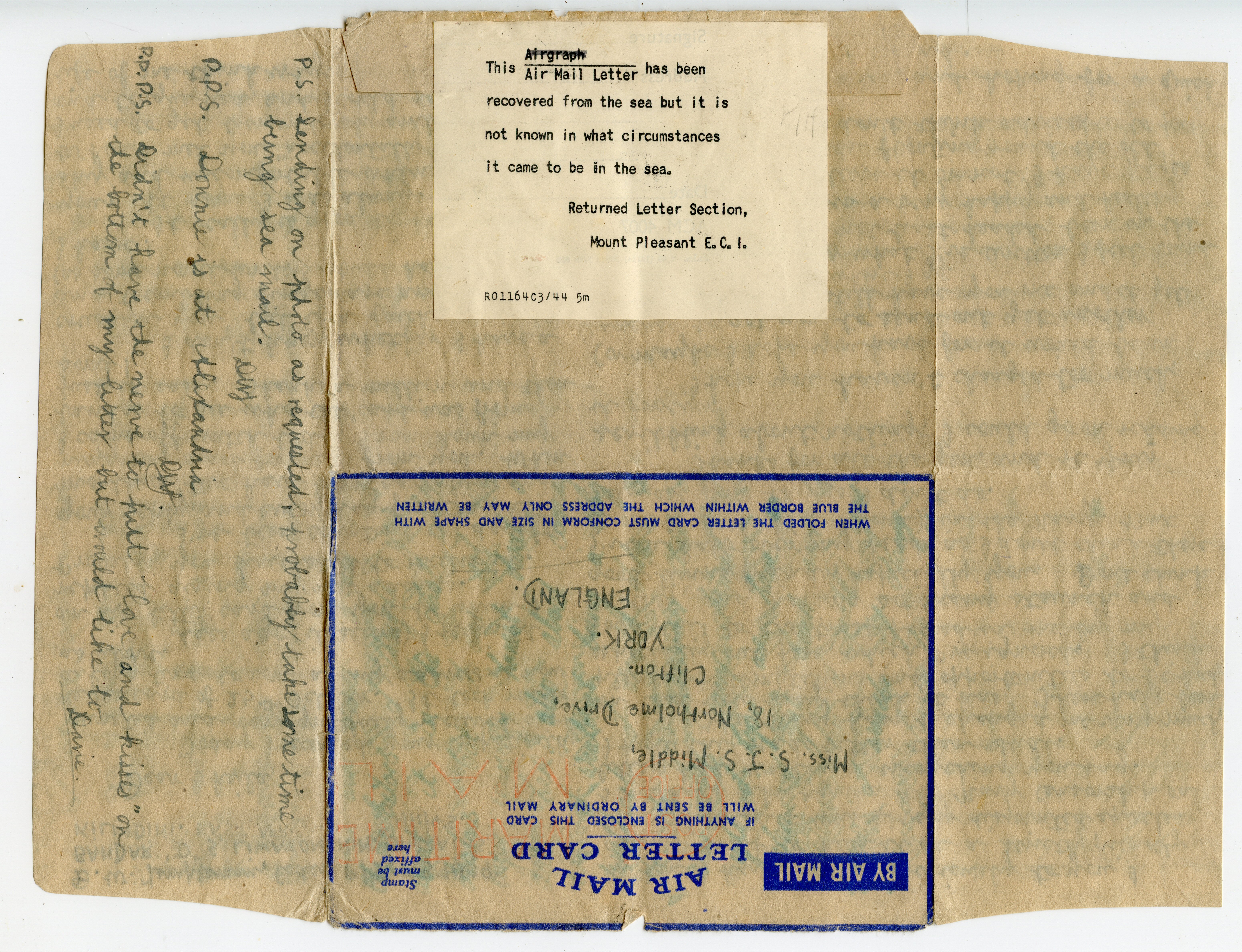 EAST AFRICA 1943.11.24 AMLC from R N Barracks Kilindini-  water-stains - label 