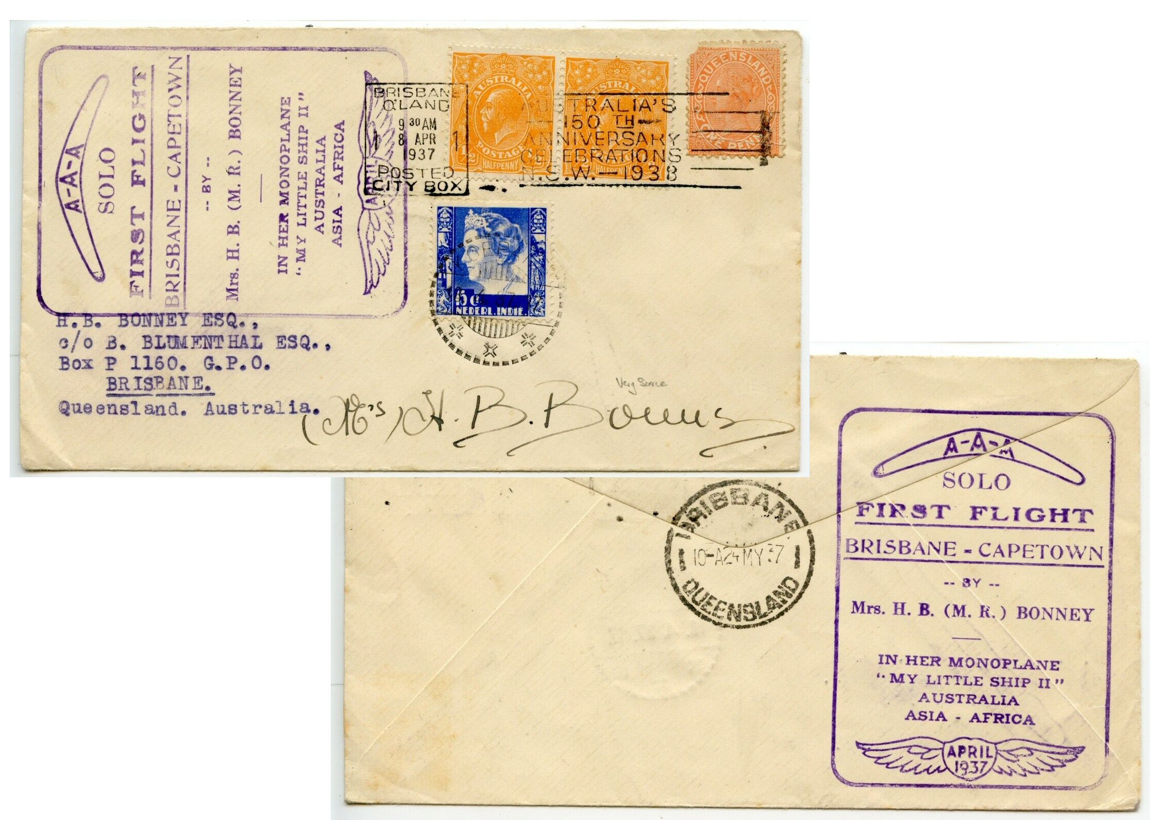 AUSTRALIA 1937 Mrs Bonney Solo First Flight Brisbane-Cape Town: to Neth Indies